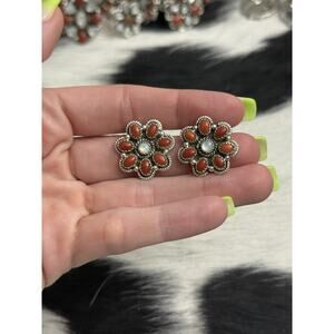 Native American Sterling Silver Red Coral Mother Pearl Cluster Flower Earrings